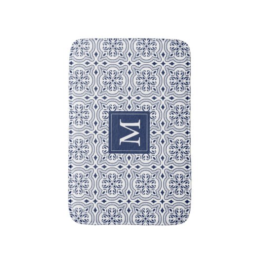 Chique Navy & Wit Marokkaanse Tegel Patroon Monogr Badmat (Voorkant Verticaal)