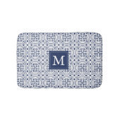 Chique Navy & Wit Marokkaanse Tegel Patroon Monogr Badmat (Voorkant)