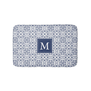 Chique Navy & Wit Marokkaanse Tegel Patroon Monogr Badmat