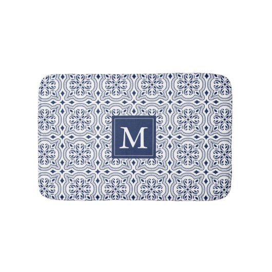 Chique Navy & Wit Marokkaanse Tegel Patroon Monogr Badmat (Voorkant)