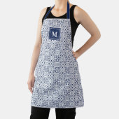 Chique Navy & Wit Marokkaanse Tegel Patroon Monogr Schort (Insitu)