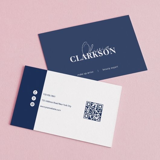 Chique Navy Witte Minimalistische Qr Code Visitekaartje