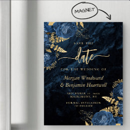 Chique Navyblauw Gouden Bloem Bruiloft Save the Da Magnetische Uitnodiging