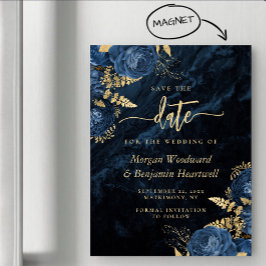 Chique Navyblauw Gouden Bloem Bruiloft Save the Da Magnetische Uitnodiging