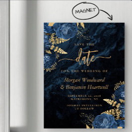 Chique Navyblauw Gouden Bloem Bruiloft Save the Da Magnetische Uitnodiging