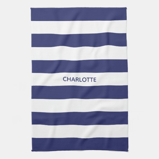 Chique navyblauw wit gestreepte eigen naam monogra theedoek (Verticaal)