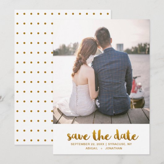 Chique nep-gouden schrift met stippen foto save the date (Voorkant / Achterkant)