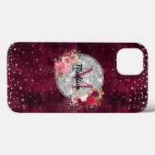 Chique nep zilver glinster burgundy bloem initiale Case-Mate iPhone case (Achterkant (horizontaal))