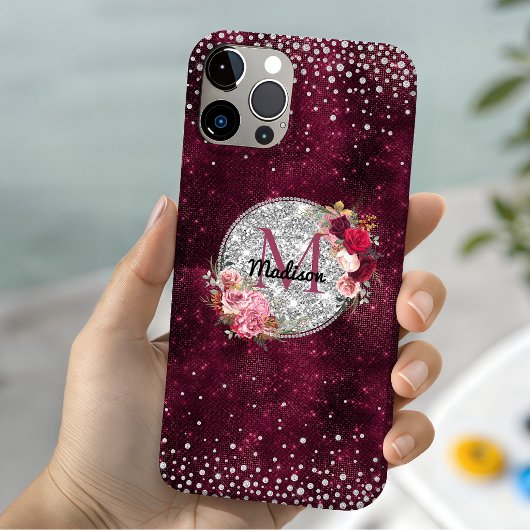 Chique nep zilver glinster burgundy bloem initiale Case-Mate iPhone case