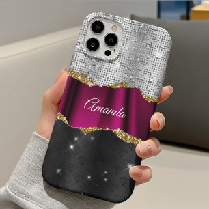 Chique nep zilver glitters Roze zwarte monogram Case-Mate iPhone Case