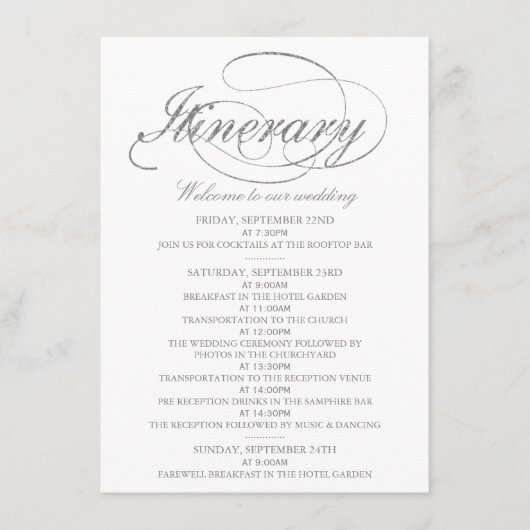 Chique nep zilveren folie huwelijksprogramma sjabl informatiekaartje (Voorkant)