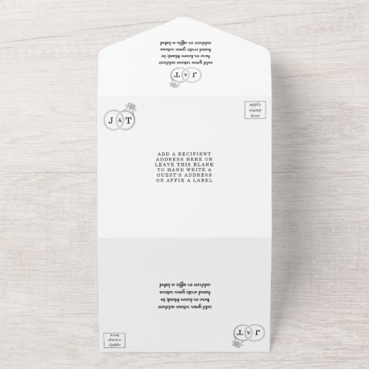 Chique nep zilveren folie monogram trouwringen all in one uitnodiging (Buitenkant)