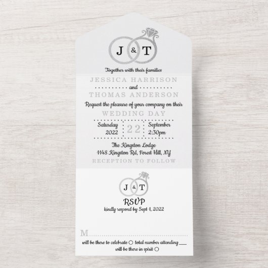 Chique nep zilveren folie monogram trouwringen all in one uitnodiging (Binnen)