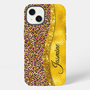 Chique nepgoud glinster roze dierenprint Monogram iPhone 13 Hoesje
