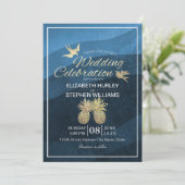 Chique Nepgouden Ananas Paar Blauw Golf Bruiloft  Kaart (Staand voorkant)