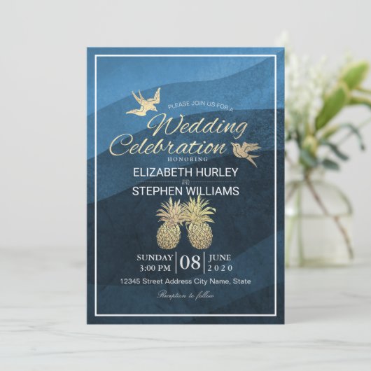 Chique Nepgouden Ananas Paar Blauw Golf Bruiloft  Kaart (Staand voorkant)