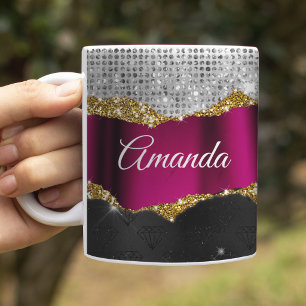 Chique nepsil glitter Fuchsia zwarte monogram Koffiemok