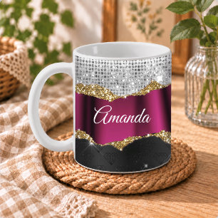 Chique nepsil glitter Fuchsia zwarte monogram Koffiemok