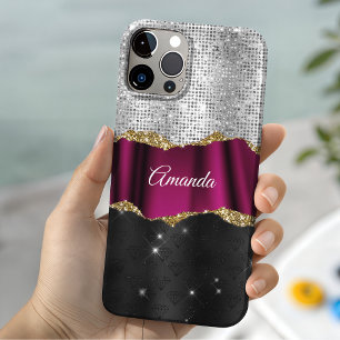 Chique nepsilber glinsterend roze zwart monogram iPhone 16 pro hoesje