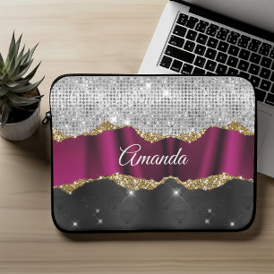 Chique nepsilver glinster Fuchsia zwarte monogram Laptop Sleeve