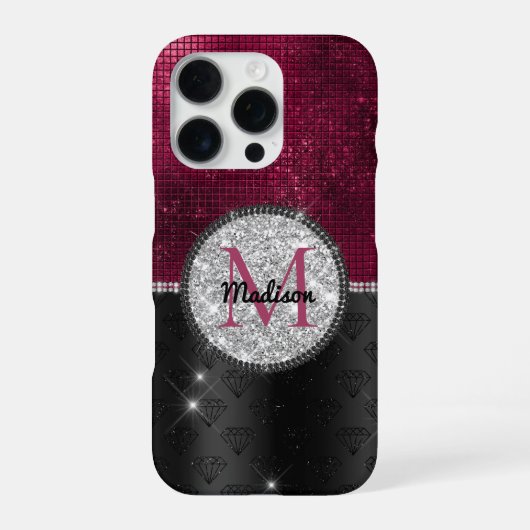 Chique nepsilver glitter burgundy zwart monogram iPhone hoesje (Achterkant)