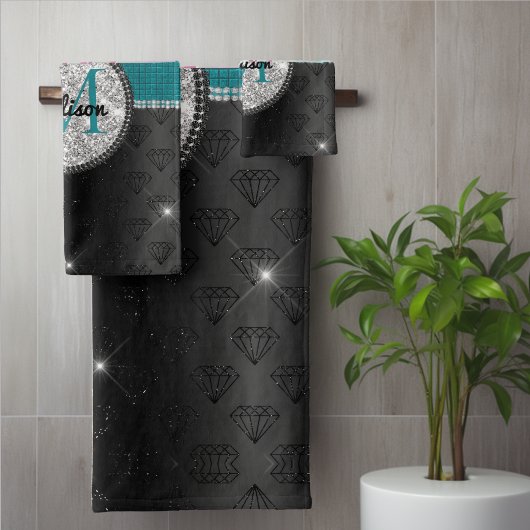 Chique nepsilver glitter turquoise zwarte monogram bad handdoek