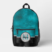 Chique nepsilver glitter turquoise zwarte monogram bedrukte rugzak (Voorkant)