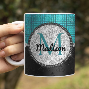 Chique nepsilver glitter turquoise zwarte monogram koffiemok