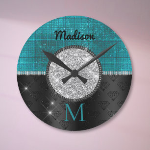Chique nepsilver glitter turquoise zwarte monogram ronde klok