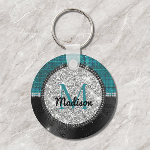 Chique nepsilver glitter turquoise zwarte monogram sleutelhanger