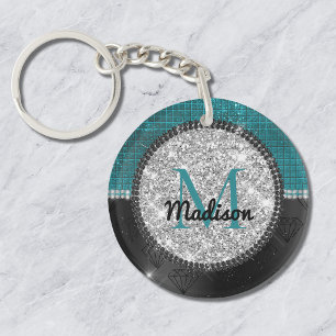 Chique nepsilver glitter turquoise zwarte monogram sleutelhanger