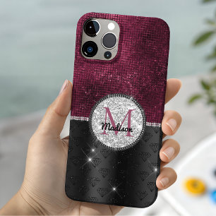 Chique nepsilvre glitter burgundy zwart monogram Case-Mate iPhone case