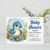 Chique Nest Blue Bird Boy Baby shower Kaart (Staand voorkant)