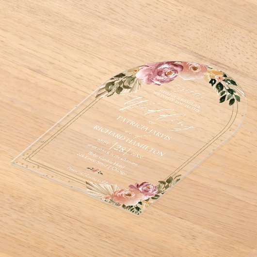 Chique Neutrale Kleuren Boho Bloemen Bruiloft Acryl Uitnodigingen (Laagn)