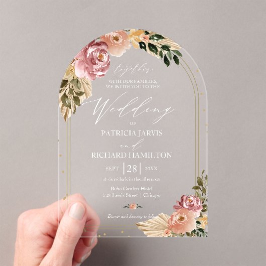 Chique Neutrale Kleuren Boho Bloemen Bruiloft Acryl Uitnodigingen (Insitu (Draagbaar))