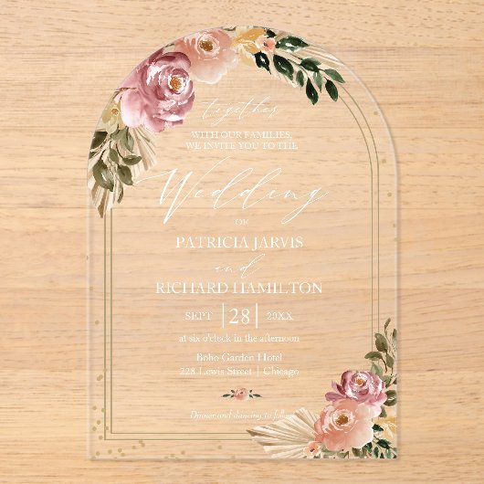 Chique Neutrale Kleuren Boho Bloemen Bruiloft Acryl Uitnodigingen (Voorkant)