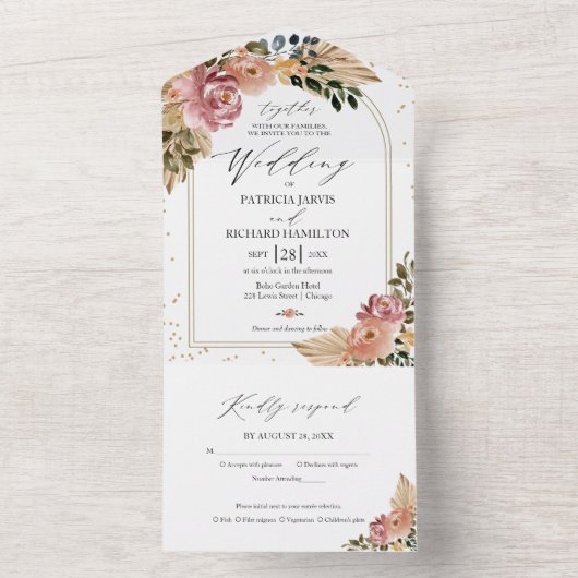 Chique Neutrale Kleuren Boho Bloemen Bruiloft All In One Uitnodiging (Binnen)