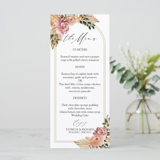 Chique Neutrale Kleuren Boho Bloemen Bruiloft Menu (Staand voorkant)