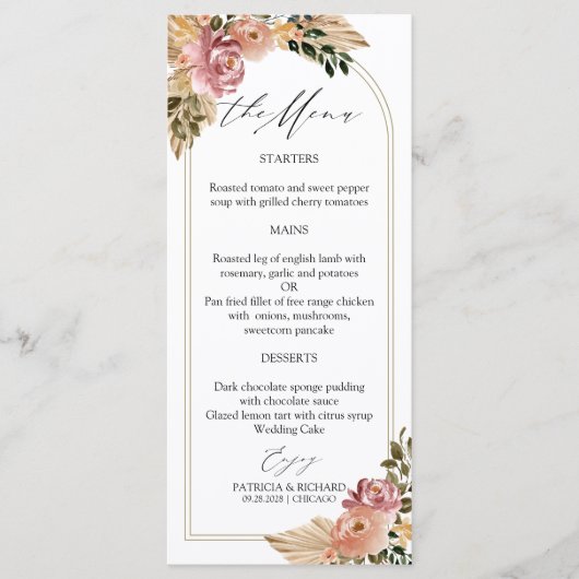 Chique Neutrale Kleuren Boho Bloemen Bruiloft Menu (Voorkant)