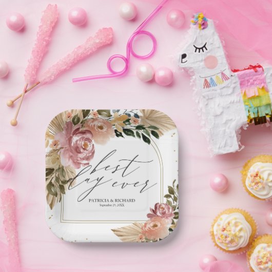 Chique Neutrale Kleuren Boho Bloemen Bruiloft Papieren Bordje (Feest)