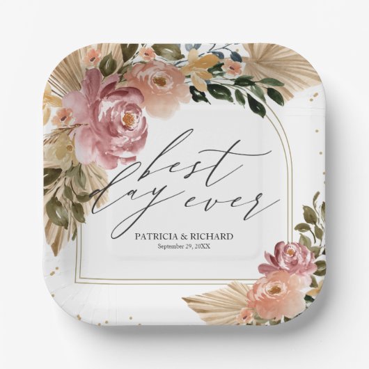 Chique Neutrale Kleuren Boho Bloemen Bruiloft Papieren Bordje (Voorkant)