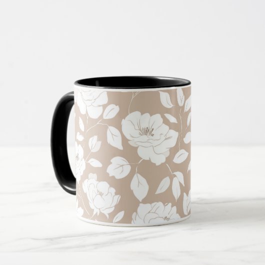 Chique neutrale roze witte bloemmotief mok (Voorkant links)