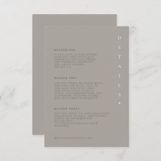Chique Neutrals Bruiloft Details Taupe ID1020 Informatiekaartje (Voorkant / Achterkant)