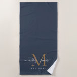 Chique Nieuwgetrouwd Gouden Monogram Script Namen  Strandlaken<br><div class="desc">Chique donkerblauwe badhanddoek met uw gouden monogram,  oprichtingsjaar en namen in elegante handgeschreven kalligrafie en moderne stijlvolle typografie. Perfect cadeau voor het pasgetrouwde stel. Exclusief voor u ontworpen door Happy Dolphin Studio. Als u hulp nodig heeft of bijpassende producten,  neem dan contact met ons op via onze winkelchat!</div>