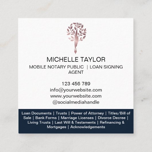 Chique notaris lening ondertekenaar Roos Gold Mode Vierkante Visitekaartje (Achterkant)