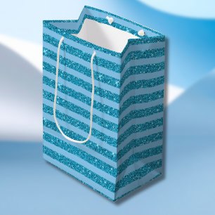 Chique oceaanblauwe glitter horizontale strepen medium cadeauzakje