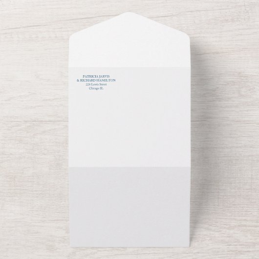 Chique Ocean Blue Kalligrafie Casual bruiloft All In One Uitnodiging (Buitenkant)