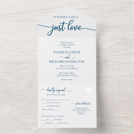Chique Ocean Blue Kalligrafie Casual bruiloft All In One Uitnodiging (Binnen)