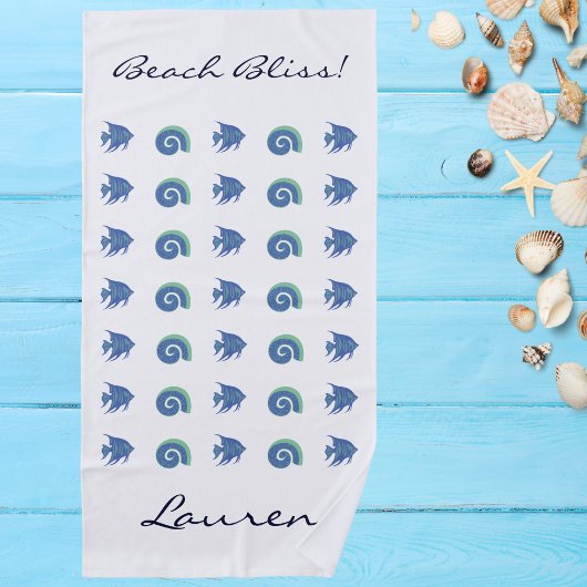 Chique Ocean Blue White Shells en Fish Name Strandlaken