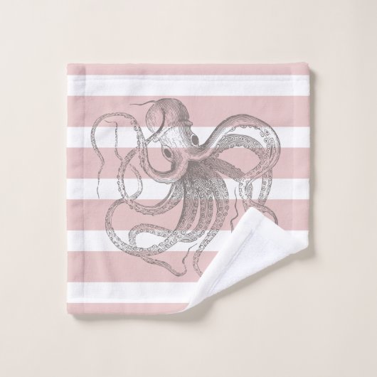 Chique Octopus op Nautische Roze Strepen Bad Handdoek (Wasdoekje)